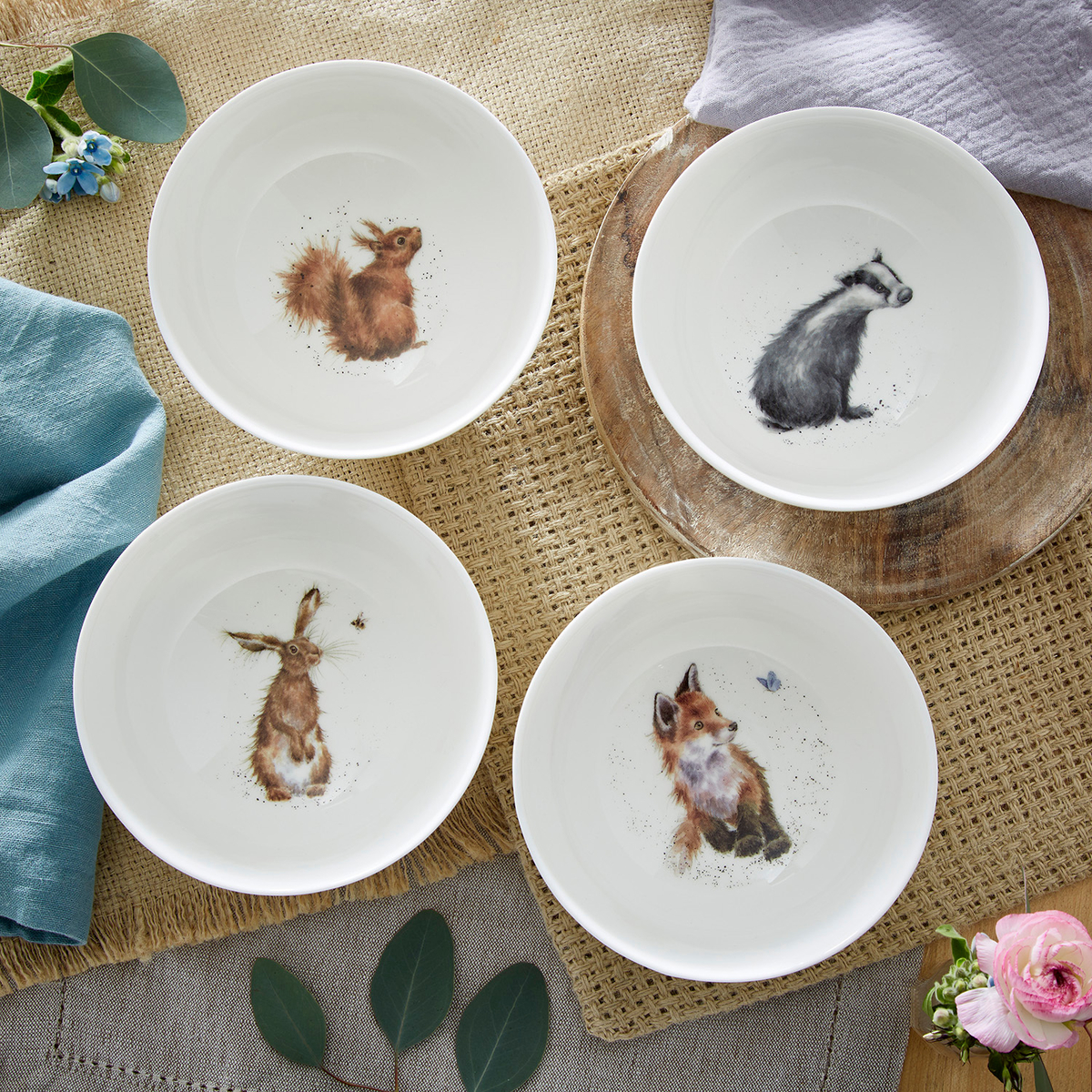 Wrendale Designs Deep Bowls S/4 Assorted. (Badger, Hare, Squirrel, Fox) image number null